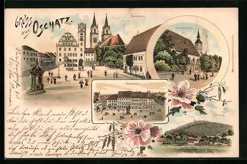 Lithographie Oschatz, Neumarkt mit Kirche, Klosterkirche, Colmberg