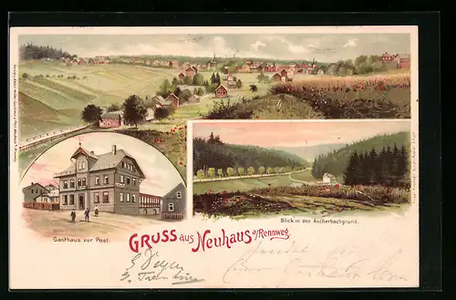 Lithographie Neuhaus a. Rennweg, Gasthaus zur Post, Blick in den Ascherbachgrund, Panorama