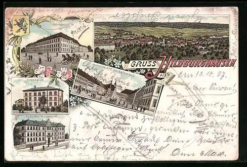 Lithographie Hildburghausen, Ortsansicht, Gymnasium, Marktplatz mit Rathaus