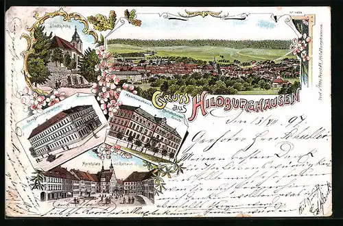 Lithographie Hildburghausen, Totalansicht, Satdtkirche, Bau- und Bahnmeisterschule