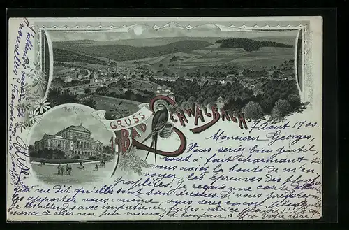 Mondschein-Lithographie Bad Schwalbach, Gesamtansicht mit Umgebung, Kurhaus