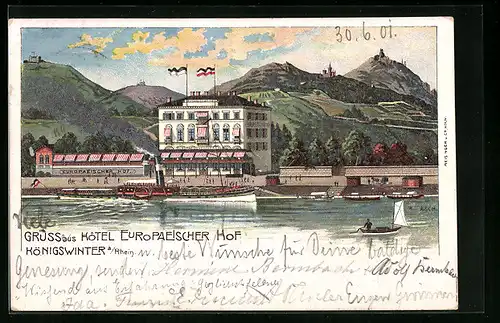 Lithographie Königswinter /Rh., Hotel Europäischer Hof, vom Wasser gesehen
