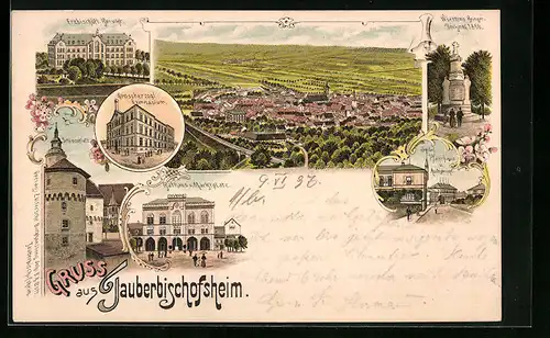 Lithographie Tauberbischofsheim, Gesamtansicht, Gymnasium, Rathaus und Markt