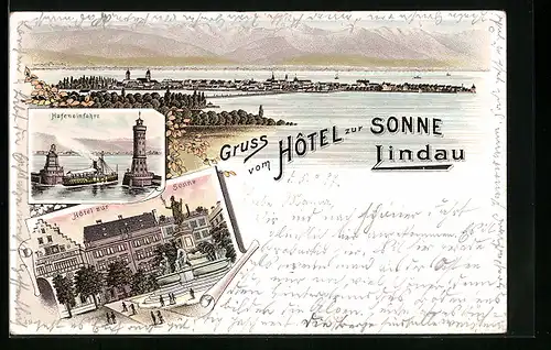 Lithographie Lindau, Gesamtansicht, Hafeneinfahrt, Hotel zur Sonne