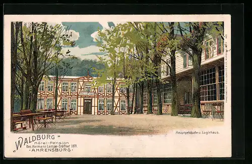 Lithographie Ahrensburg, Hotel-Pension Waldburg, Hauptgebäude und Logirhaus