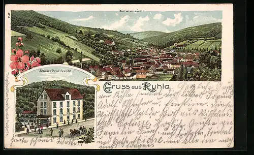 Lithographie Ruhla, Totalansicht, Gast- und Logirhaus Steinernen Haus Brendel