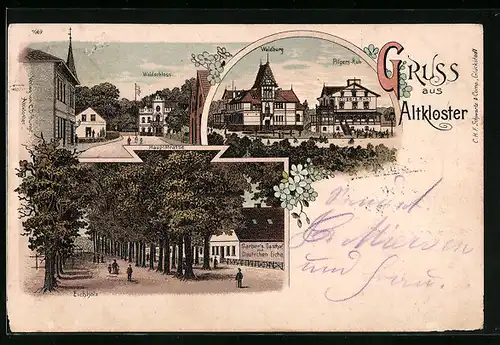 Lithographie Altkloster, Strassenpartie Eichholz mit Gasthof zur Deutschen Eiche, Hauptstrasse mit Gasthaus Waldschloss