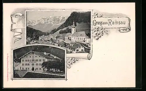 AK Ramsau, Ortsansicht mit Kirche, Gasthaus zu Ramsau