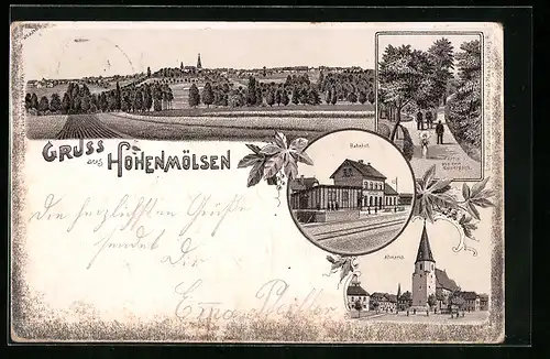 Lithographie Hohenmölsen, Gesamtansicht aus der Ferne, Bahnhof, Altmarkt mit Kirche