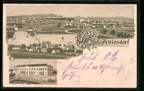 Lithographie Aulendorf, Bahnhof, Totalansicht, Gräfl. Schloss und Kirche