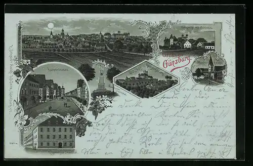 Mondschein-Lithographie Günzburg, Totalansicht, Hauptstrasse, Englisches Institut