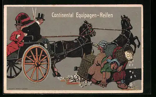 Künstler-AK Reklame für Continental Equipagen-Reifen, Bauernpaar mit Eiern und Pferdekutsche