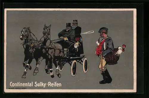 Künstler-AK Bauer betrachtet die elegante Kutsche, Reklame für Continental Sulky-Reifen