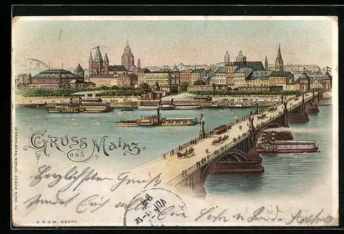 Lithographie Mainz, Teilansicht mit Brücke und Dampfern, Halt gegen das Licht