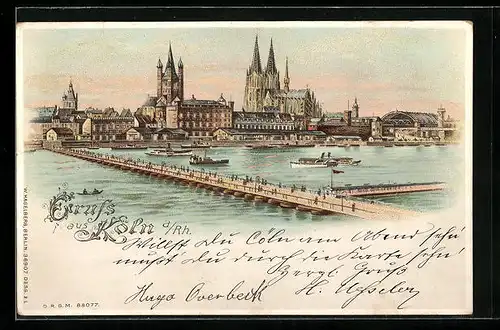 Lithographie Köln, Teilansicht mit Dom und Pontonbrücke, Halt gegen das Licht