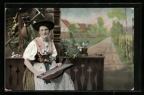AK Fräulein in Tracht spielt auf einer Zither