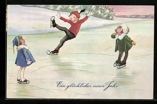 Künstler-AK Ein glückliches neues Jahr, Kinder fahren Schlittschuh auf einem See