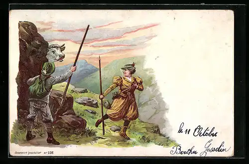 AK Bergsteigerpaar mit einem Ochsen
