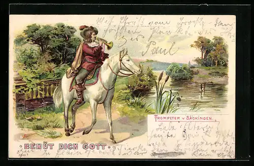 Lithographie Säckingen, Trompeter zu Pferde, Behüt Dich Gott!