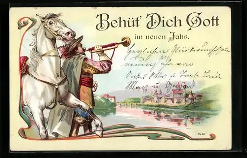 AK Trompeter mit seinem Pferd am Ufer, Behüt Dich Gott!, Neujahrsgruss