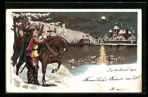 Winter-Lithographie Trompeter mit Pferd am Ufer bei Mondschein, Behüt Dich Gott!