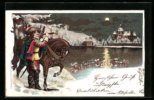 Winter-Lithographie Trompeter mit Pferd am Ufer bei Mondschein, Behüt Dich Gott!