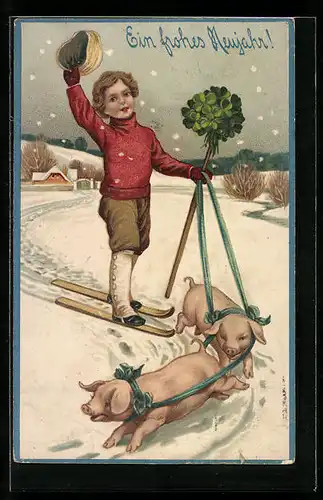 Präge-AK Skifahrer mit Ferkelgespann und Kleeblättern, Neujahrsgruss1911