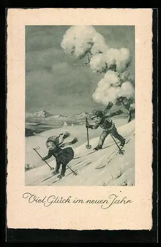 AK Kinderpaar fährt Ski, Neujahrsgruss
