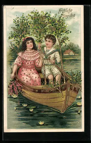 Präge-AK Pärchen im Ruderboot, Pfingsgruss