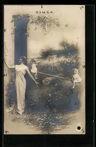 AK Dame mit Buchstabe L, Kinder auf der Wippe