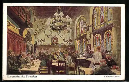 Künstler-AK Dresden, Gasthaus Bärenschänke, Hubertus-Stube, Innenansicht