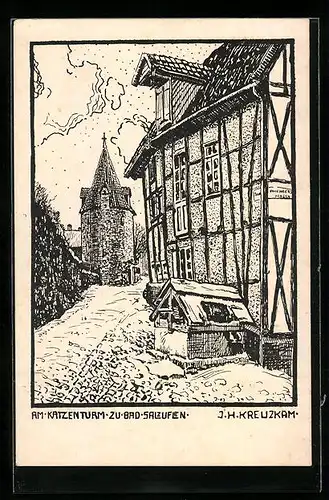 Künstler-AK Bad Salzuflen, Strassenpartie am Katzenturm