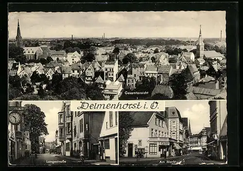 AK Delmenhorst i. O., Gasthaus Fitgerhaus und Kaiser`s-Geschäft am Markt, Langestrasse mit Geschäften, Gesamtansicht