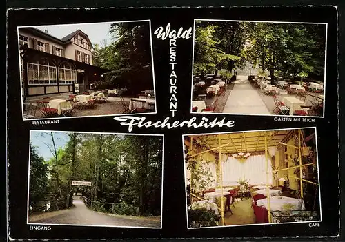 AK Bad Lippspringe, Waldrestaurant Fischerhütte, Innenansicht mit Cafe, Garten mit Teich