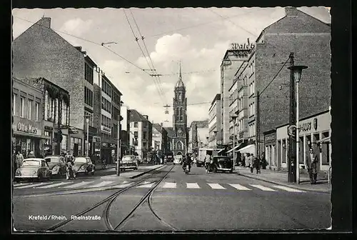 AK Krefeld /Rhein, Rheinstrasse mit Kirche