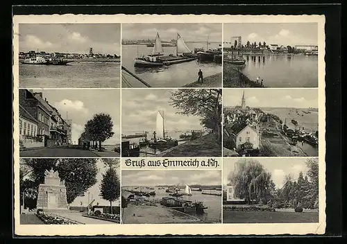 AK Emmerich a. Rh., Hafen mit Dampfern, Denkmal