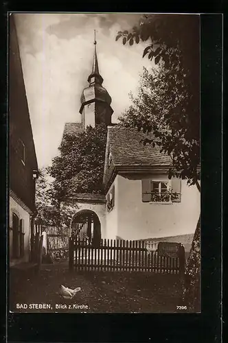 AK Bad Steben, Blick zur Kirche mit einem Huhn