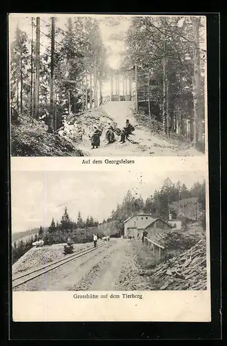 AK Tierberg, Auf dem Georgsfelsen mit Wanderern, Grosshütte auf dem Tierberg