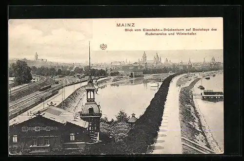 AK Mainz, Blick vom Eisenbahn-Brückenturm auf Bootshaus des Rudervereins und Winterhafen