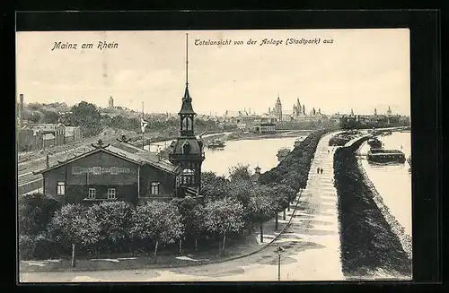 AK Mainz am Rhein, Totalansicht mit Vereinshaus des Ruderclubs von der Anlage Stadtpark aus