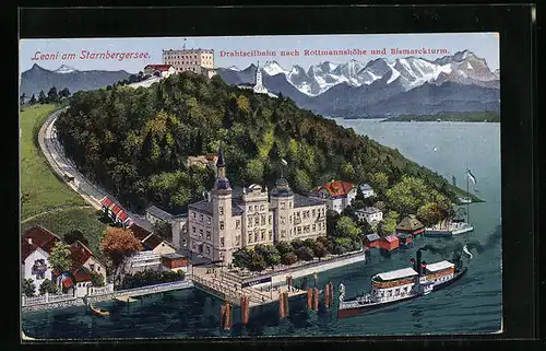 AK Starnberg, Leoni am Starnbergsee, Drahtseilbahn nach Rottmannshöhe und Bismarckturm
