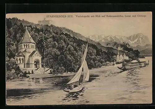 AK Starnberg, Votivkapelle mit Blick auf Rottmannshöhe, Leoni und Gebirge, Starnberger See