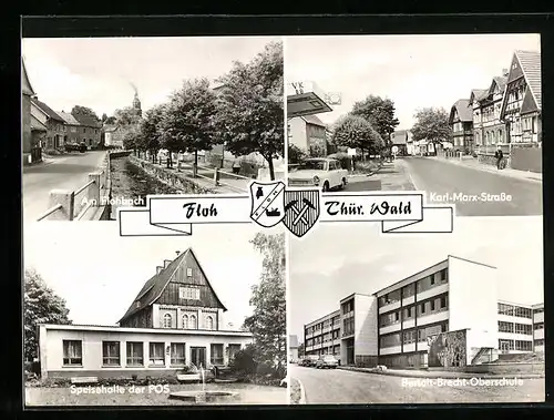 AK Floh i. Thür. Wald, Am Flohbach, Karl-Marx-Strasse, Bertolt-Brecht-Oberschule