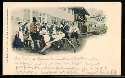 AK Männer in Tracht beim Ringkampf