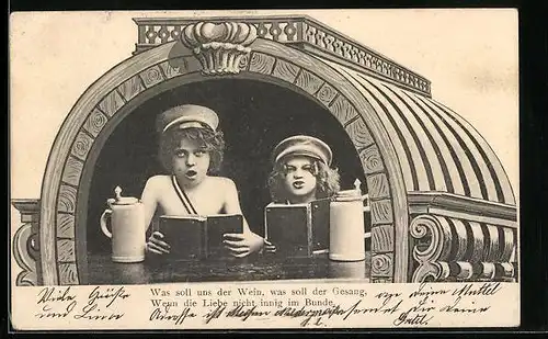 AK Kinder mit Studentenmützen und Büchern