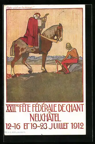 Künstler-AK Neuchâtel, XXIIme Fête Fédérale de Chant 1912, Älterer Mann mit Harfe zu Pferde