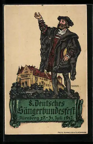 Künstler-AK Nürnberg, 8. Deutsches Sängerbundesfest 1912, Gebäudeansicht und Sänger