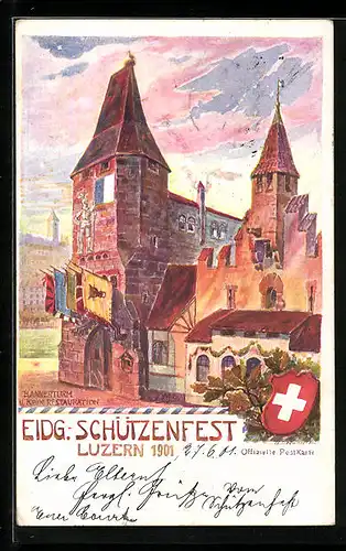 Lithographie Luzern, Eidgenössisches Schützenfest 1901, Bannerturm und kleines Restaurant