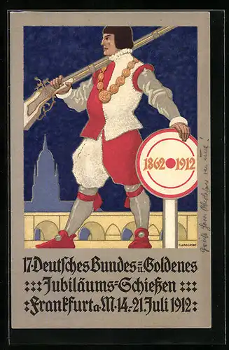 Künstler-AK Frankfurt a. M., 17. Deutsches Bundes- u. Goldenes Jubiläums-Schiessen 1912, Schütze mit Gewehr