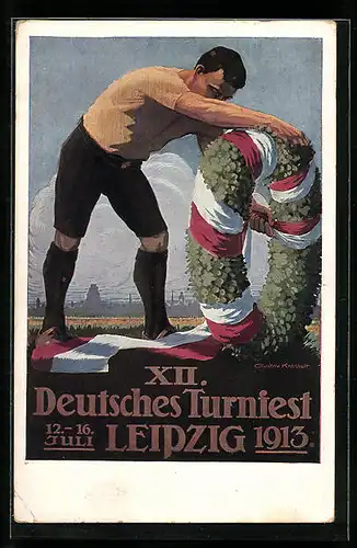 Künstler-AK Leipzig, XII. Deutsches Turnfest 1913, Turner bindet den Festkranz